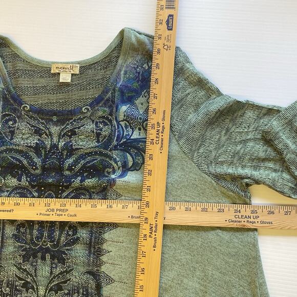 One World Womens Top 2X Green Shark Bite Tunic 3/4 Sleeve Round Neck Rhinestone - Picture 9 of 9